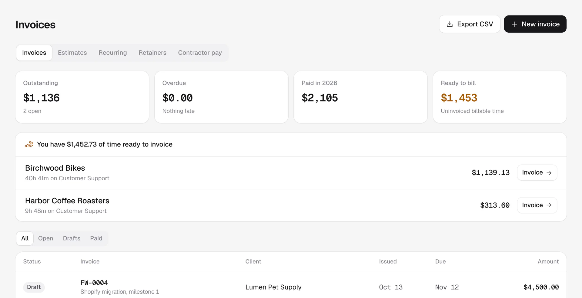 The invoices page showing time ready to invoice for each client and a list of draft, sent and paid invoices.